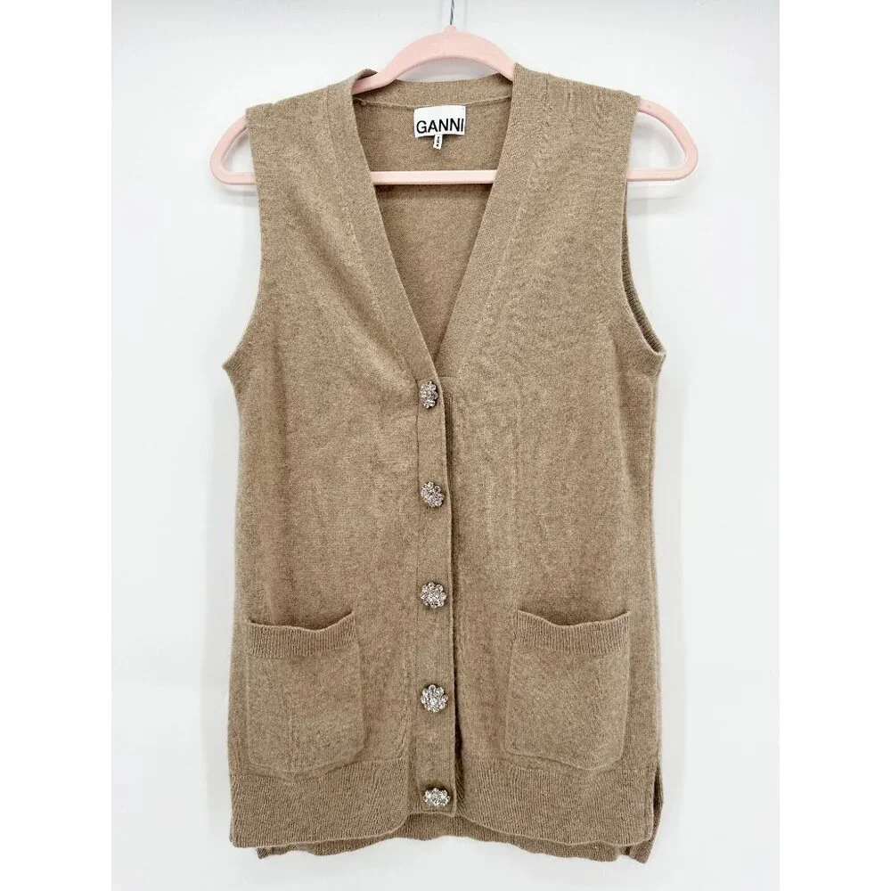 CRYSTAL-BUTTON SLEEVELESS CASHMERE CARDIGAN IN BRAZILIAN SAND Sz S - Picture 2 of 7